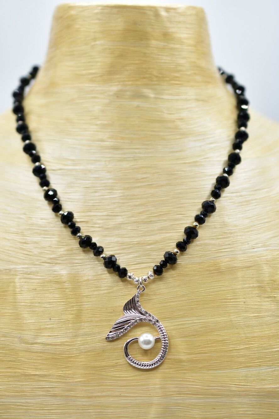 Vintage Black Crystal Beaded Fin Necklace Silver Whale Dolphin Fin Ocean BinK